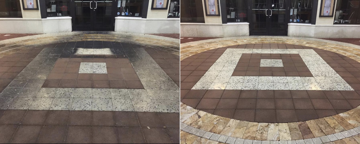 Before and after pressure washing of a commercial plaza entrance in Palm Beach County